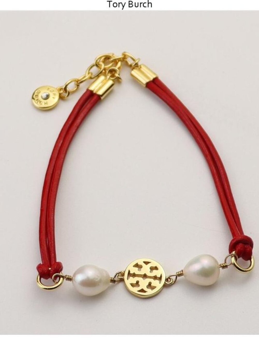 Tory Burch Red Leather Pearl Logo Bracelet